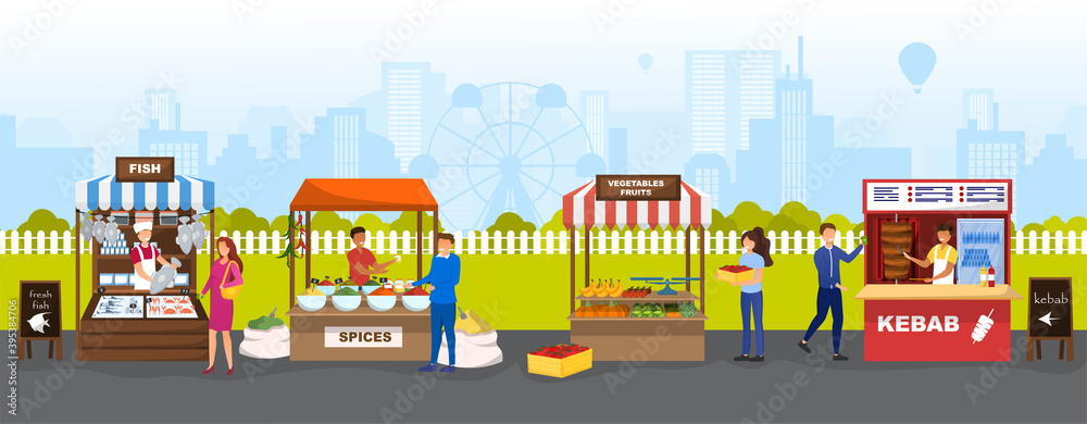 Local marketplace with fresh food. Concept of a market where salesmen offering to buy fresh fish, meat, fruits and vegetables. Flat cartoon vector illustration. Local marketplace with fresh food. Concept of a market where salesmen offering to buy fresh fish, meat, fruits and vegetables. Flat cartoon vector illustration.