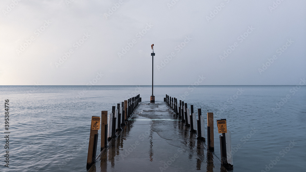 Cleveland, Ohio - November 23, 2020: Lake Erie water dock, caution