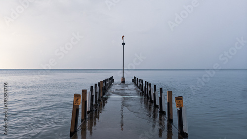 Cleveland, Ohio - November 23, 2020: Lake Erie water dock, caution