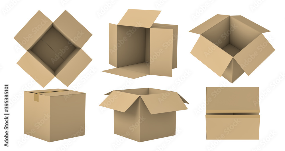 Set of empty carton packaging or cardboard box mock up, 3D rendering, isolated on white background. Set of empty carton packaging or cardboard box mock up, 3D rendering, isolated on white background.