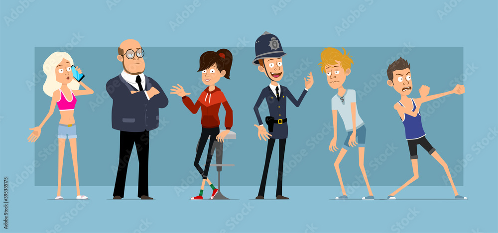 Cartoon flat funny different woman and man characters. Policeman and businessman. Sports boy and sports girl. Ready for animation. Isolated on blue background. Vector set.