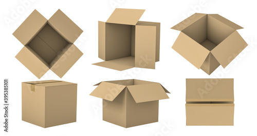 Set of empty carton packaging or cardboard box mock up, 3D rendering, isolated on white background.