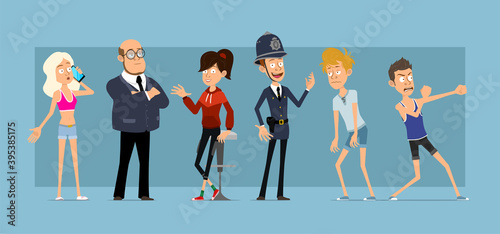 Cartoon flat funny different woman and man characters. Policeman and businessman. Sports boy and sports girl. Ready for animation. Isolated on blue background. Vector set.