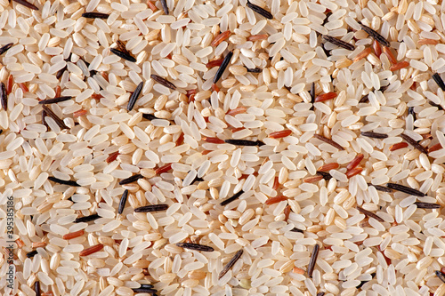 Food background. Brown, white basmati, wild and red rice mix. Flat lay.