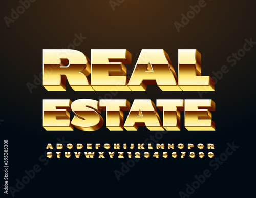 Vector business emblem Real Estate. 3D premium Font. Gold elite Alphabet Letters and Numbers set