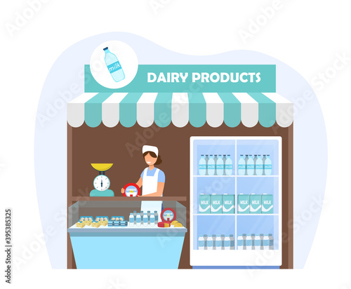 Stall with dairy products. Products from farm, fresh healthy food. Woman standing at the stall and selling milk. Flat cartoon vector illustration