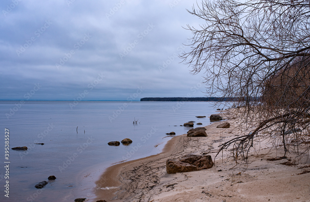 Autumn landscape on the Rybinsk reservoir, Russia. Sandy beach with trees and rocks