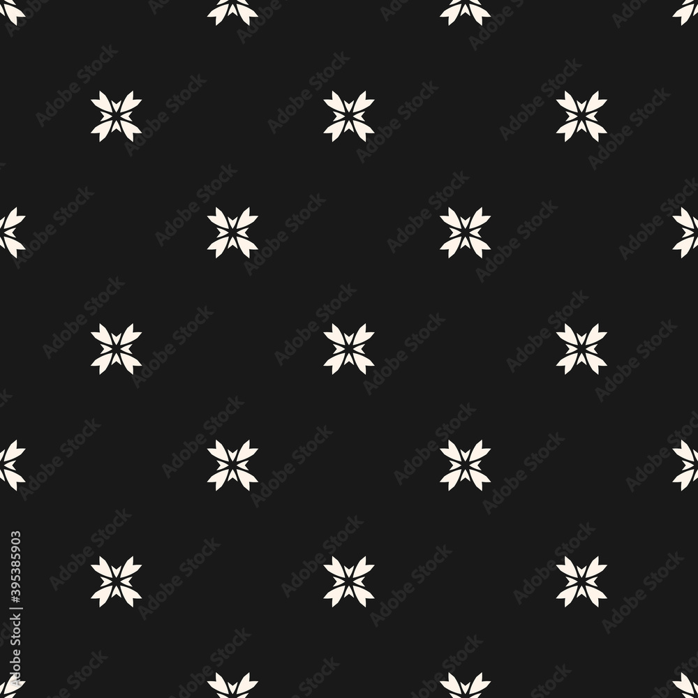 Vector geometric floral ornament. Seamless pattern in oriental style. Simple monochrome ornamental texture with small flower shapes. Black and white abstract background. Subtle dark repeat design Vector geometric floral ornament. Seamless pattern in oriental style. Simple monochrome ornamental texture with small flower shapes. Black and white abstract background. Subtle dark repeat design