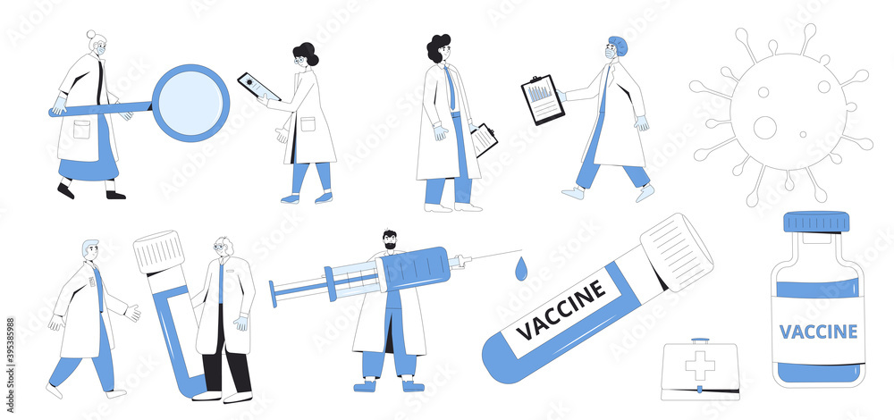 Coronavirus vaccination and treatment set. Doctors, scientists and medical symbols isolated on white background. Corona virus research complete development.Vector illustration