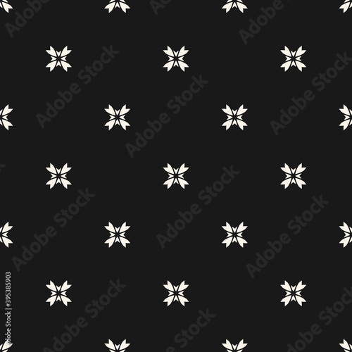 Vector geometric floral ornament. Seamless pattern in oriental style. Simple monochrome ornamental texture with small flower shapes. Black and white abstract background. Subtle dark repeat design