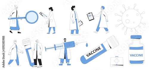Coronavirus vaccination and treatment set. Doctors, scientists and medical symbols isolated on white background. Corona virus research complete development.Vector illustration