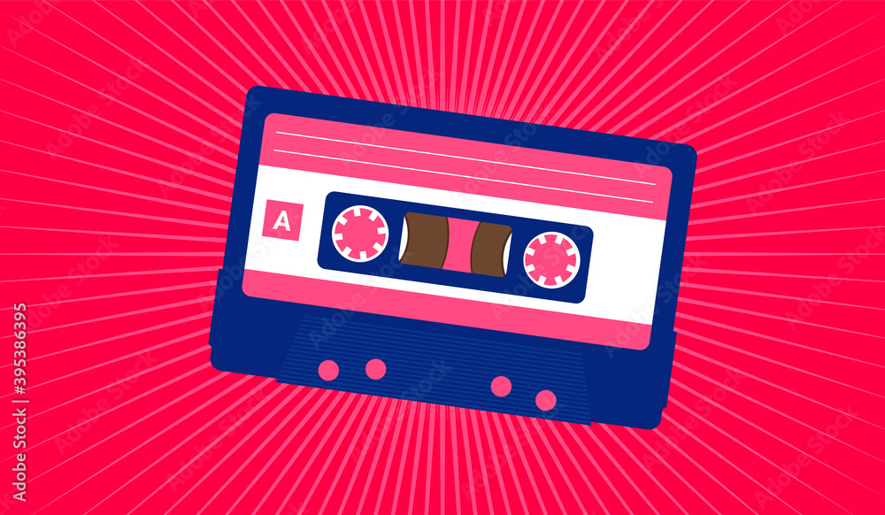 Cassette tape - retro music audio cassette on red background. Vector illustration.