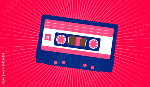 Cassette tape - retro music audio cassette on red background. Vector illustration.