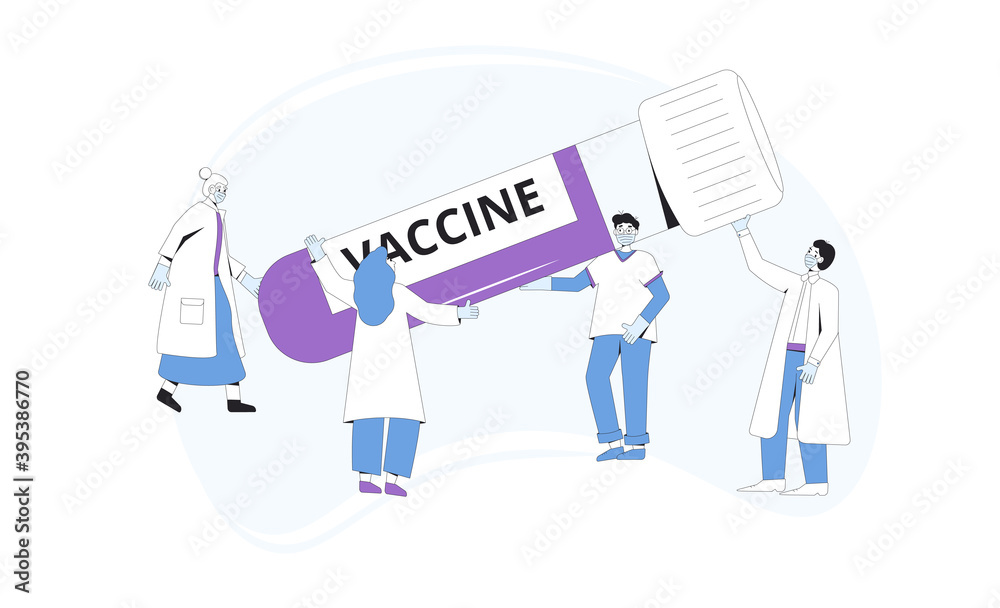 Vaccine concept. Coronavirus vaccine complete development. Corona virus injection syringe. Research of treatment and prevention medicine. Vector line art flat illustration Vaccine concept. Coronavirus vaccine complete development. Corona virus injection syringe. Research of treatment and prevention medicine. Vector line art flat illustration