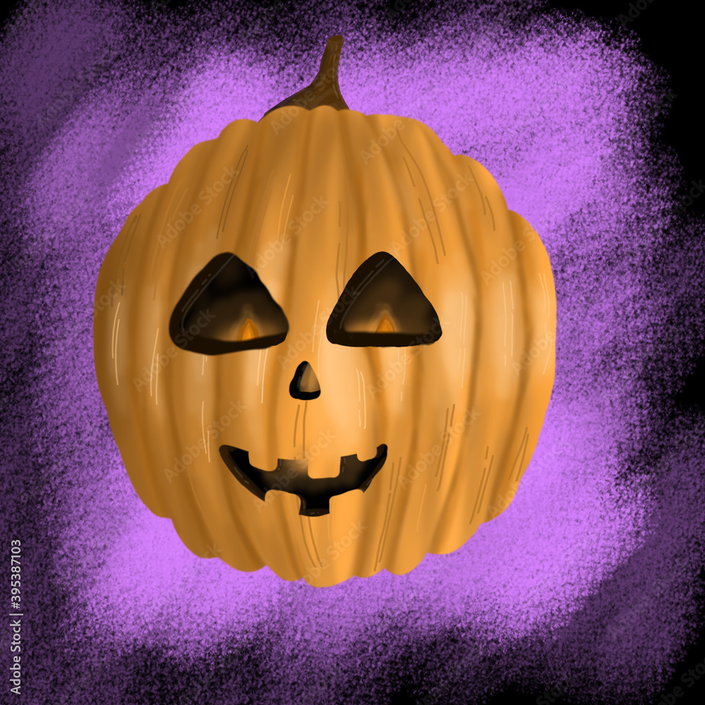 Orange pumpkin with carved eyes on a purple background as a symbol of