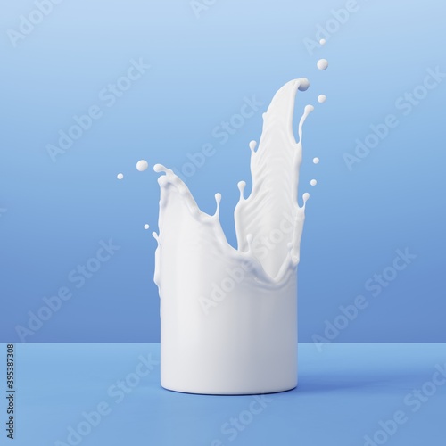 3d render, white splashing liquid in the shape of a glass. Milk splash clip art isolated on blue background photo