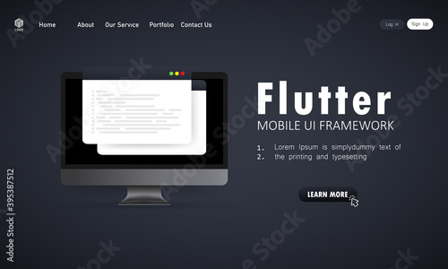 Learn to code Flutter Mobile UI Framework on computer screen, programming language code illustration. Vector on isolated white background. EPS 10