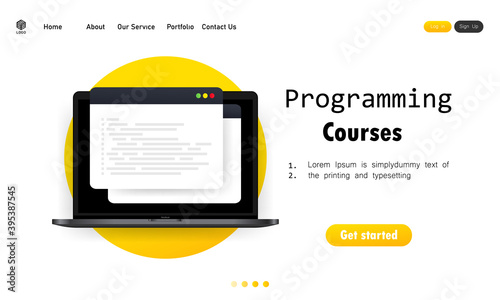 Programming courses illustration. Cyber education course concept. Studying creating program software. Learning coding on laptop. Vector on isolated white background. EPS 10