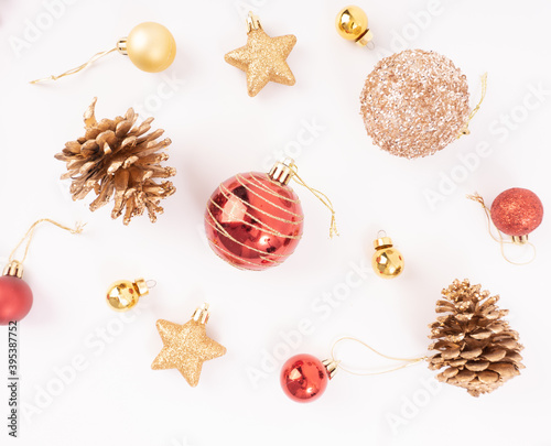 Christmas elements , pine cone, red ball, ribbon, stars glitter, gold ball on white backgrounds for xmas creative design.
