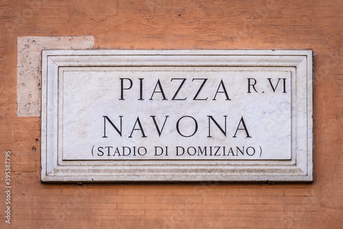 Piazza Navona (Navona's Square) in Rome, Italy, street name sign