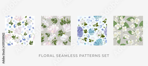 Floral design for paper, cover, fabric and other users. Realistic floral seamless patterns set.
