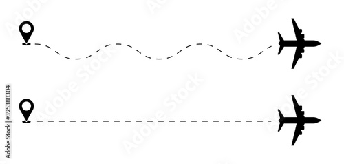Path flights travel plane trip transportation airplane traffic, black fly aircraft travelling symbol vector illustration