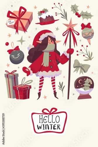 Christmas or New Year Card With Cute Christmas Characters And Objects. photo