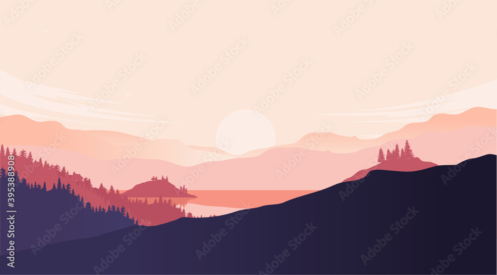 Wilderness vector background - Landscape with sunrise, beautiful colour harmony, trees, ocean and mountains.