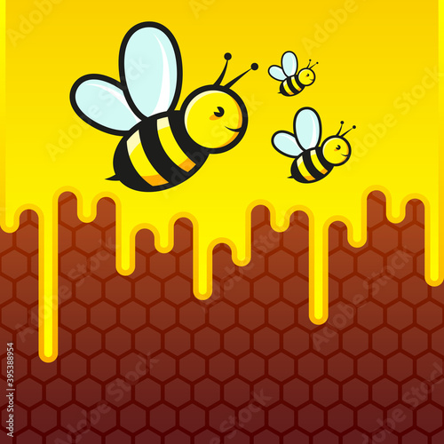 Funny bees fly for flower nectar on the background of honey in combs