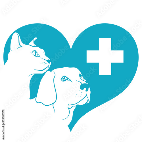 Muzzle dogs and cats on a background of heart and medical cross