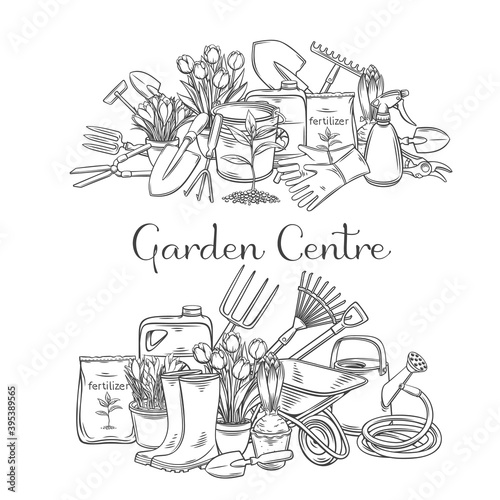 Gardening tools vector outline hand drawn monochrome illustrations set with lettering for design garden center