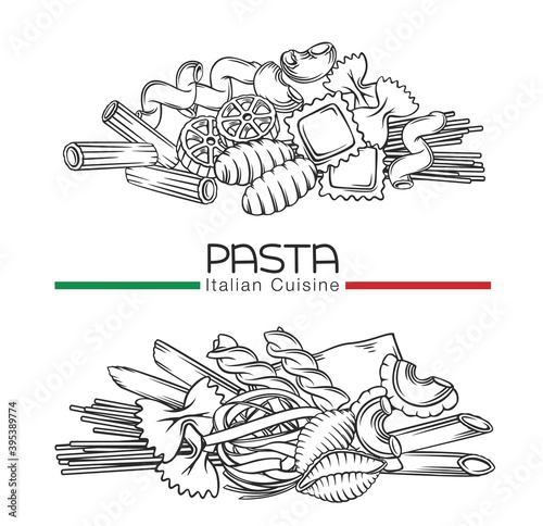 Italian pasta types, hand drawn outline vector isolated on white illustration with lettering for macaroni wrapping