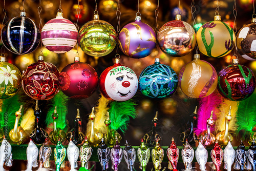 Close up of colored balls at Christmas market