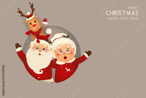 Merry Christmas. Happy new year. Funny Santa Claus with Mrs. Claus, red-nosed Reindeer. Mrs. Claus Together. Holiday cartoon character in winter season. Vector
