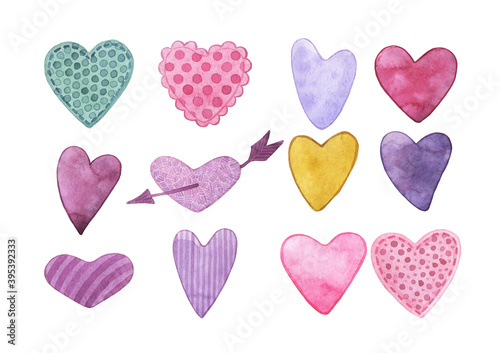 Watercolor set of watercolor hearts.