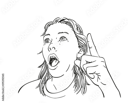 Woman emotionally pointing finger up Vector sketch, Young female is having brilliant idea or feeling surprisingly scared, Hand drawn portrait illustration black and white graphics