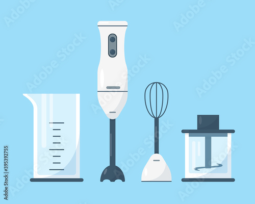 Submersible white blender with accessories.