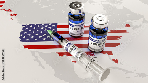 A syringe and two bottles of COVID-19 vaccine on USA map. Covid vaccination in the United States. 3d illustration