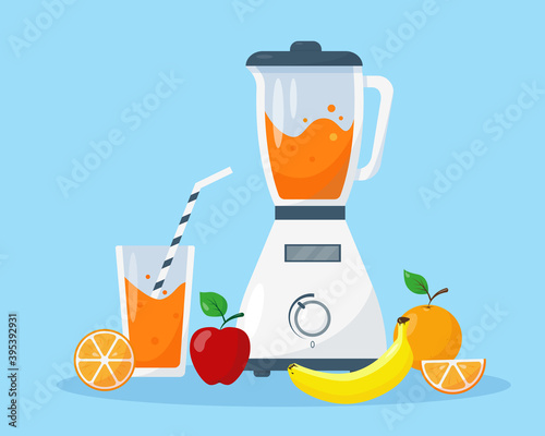 White blender with fruit and glass of juice.