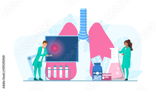 Multiracial male and female tuberculosis specialists. Human pulmonary system. Abstract concept of health and medical treatment. Doctor checking human lungs. Flat cartoon vector illustration