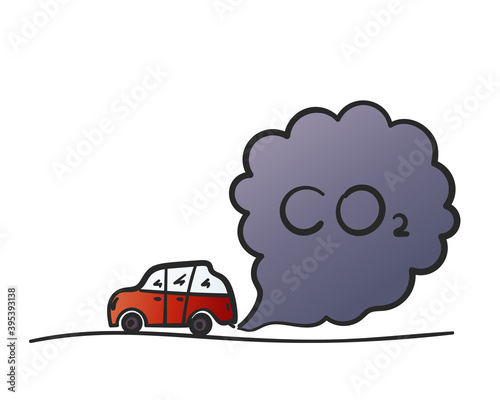 Cartoon red car blowing exhaust fumes, Color doodle CO2 smoke cloud from automobile into air, Environmental concept of pollution, Hand drawn illustration isolated on white background, Vector clipart