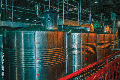 Stainless steel storage tanks and pipes for wine production at Salton Winery plant near Bento Goncalves. A friendly country town in southern Brazil famous for its high quality wine. Oil Paint filter. photo