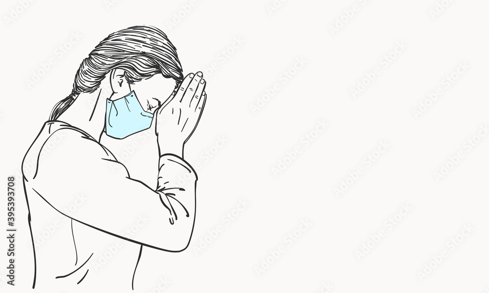 Sketch of woman in medical face mask praying with hands folded in worship, eyes closed, view from side, coronavirus pandemic problem suffering, Hand drawn vector illustration banner Sketch of woman in medical face mask praying with hands folded in worship, eyes closed, view from side, coronavirus pandemic problem suffering, Hand drawn vector illustration banner