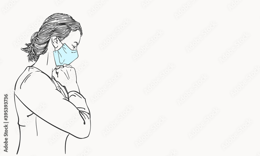 Sketch of woman in medical face mask praying with hands folded in worship, eyes closed, view from side, coronavirus pandemic problem suffering, Hand drawn vector illustration banner