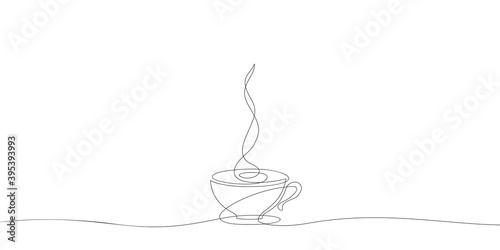 Coffee cup on saucer Continuous one line drawing, Hot drink with steam Vector minimalist linear illustration made of thin single line, Design element for cafe menu