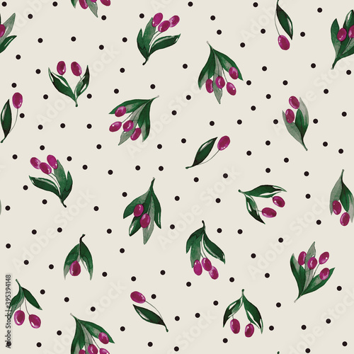 Seamless pattern with branches and berries. Watercolor handmade illustrations. 