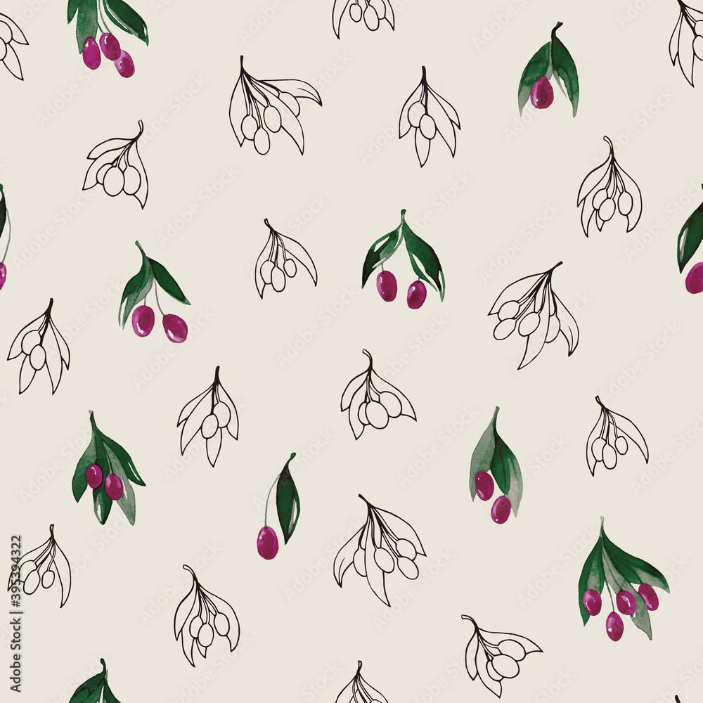 Fototapeta premium Seamless pattern with branches and berries. Watercolor handmade illustrations. 