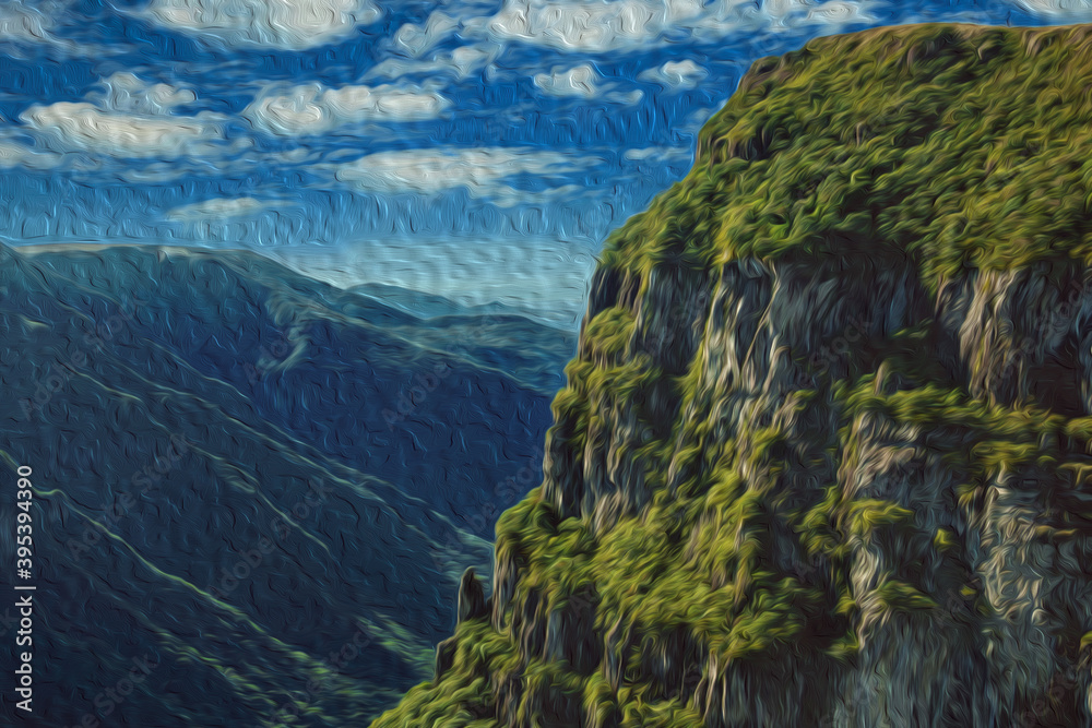 Fortaleza Canyon with steep rocky cliffs covered by thick forest in a sunny day near Cambara do Sul. A small country town in southern Brazil with amazing natural tourist attractions. Oil Paint filter.
