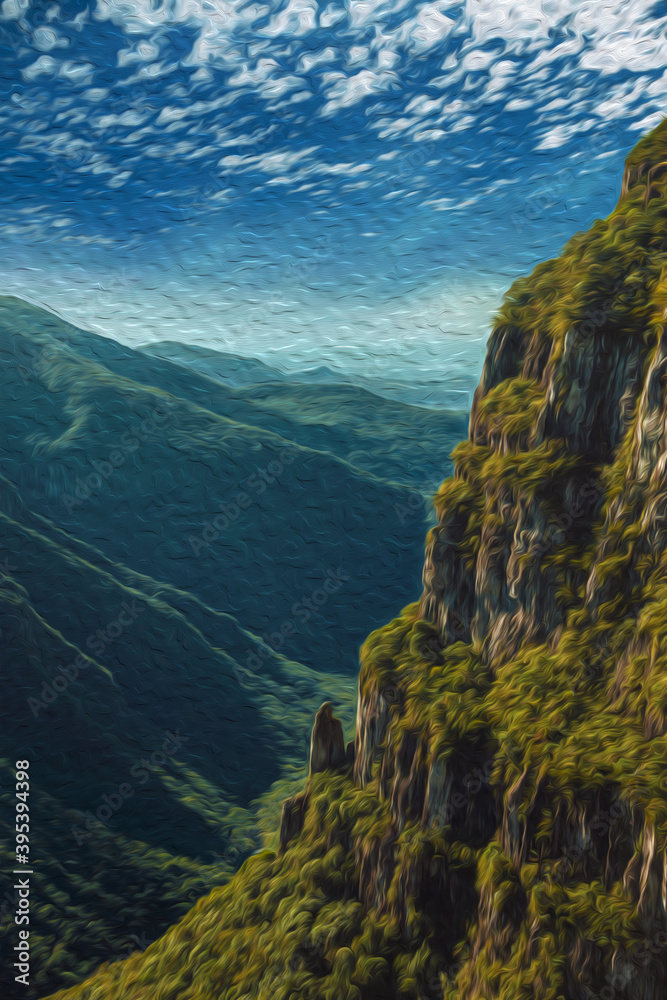 Fortaleza Canyon with steep rocky cliffs covered by thick forest in a sunny day near Cambara do Sul. A small country town in southern Brazil with amazing natural tourist attractions. Oil Paint filter.