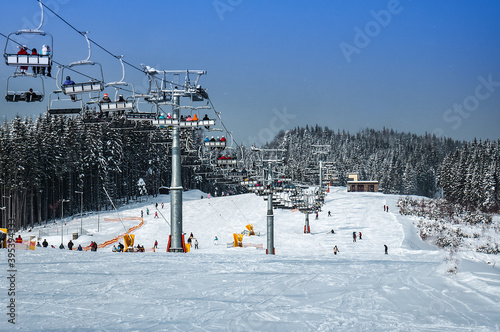 ski lift in the snowy mountains